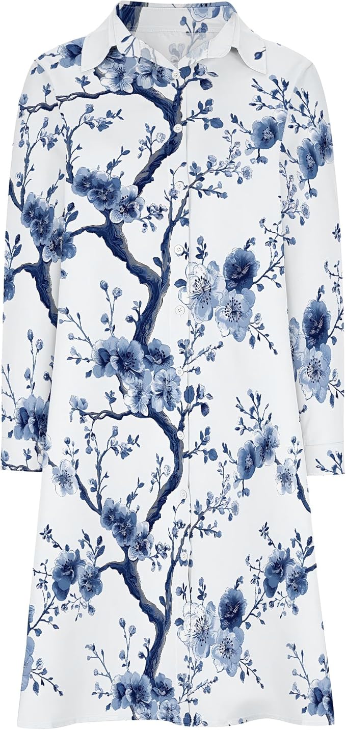Shirt Dresses for Women 2025 Summer Long Sleeve Casual Plus Size Floral Printed Beach Vacation Dress with Pockets