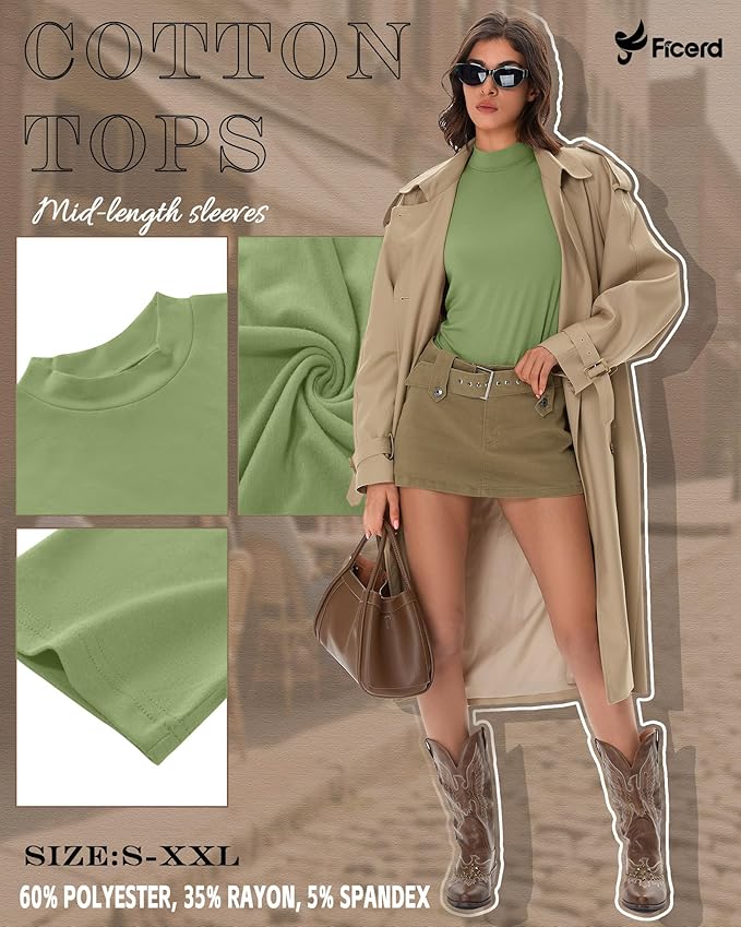 Ficerd 3 Pack Women's 1/2 Sleeve Mock Turtleneck Shirts, Elbow Length Shirt Half Sleeve Tunic Top Casual Summer Basic Tees