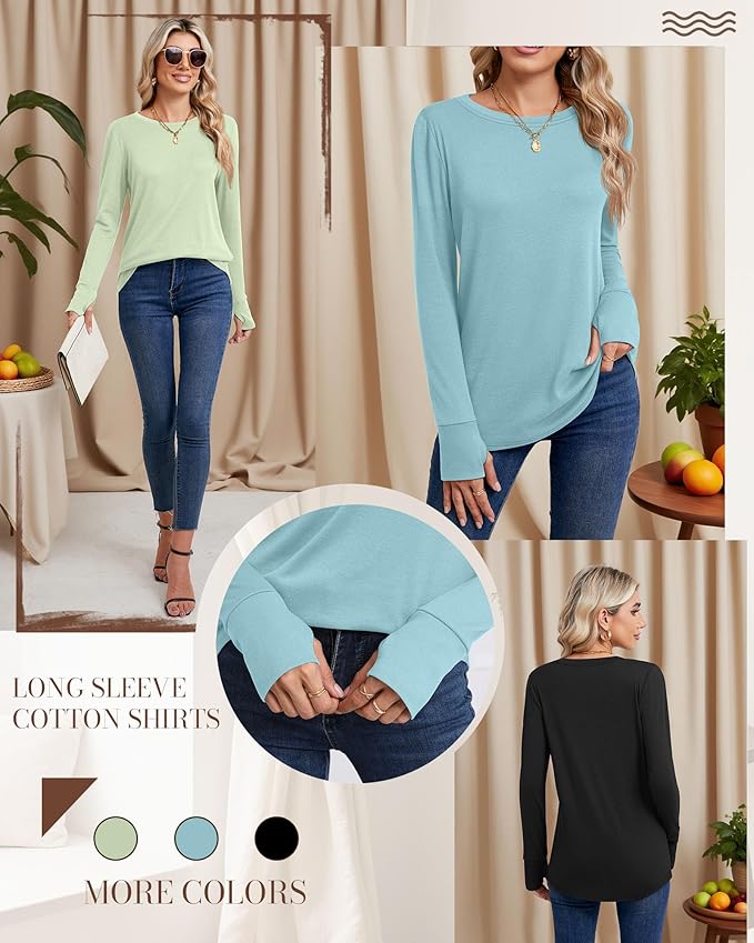 Huukeay 3 Pack Women's Long Sleeve Shirts with Thumb Holes, Cotton Casual Crew Neck Tunic Tops Fall Loose Y2k Trendy Outfits