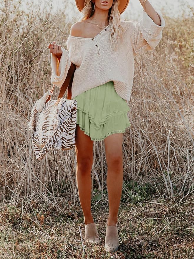 Aoudery Flowy Shorts for Women Casual Boho Ruffle Tiered Skorts High Waist Mini Skirts Golf Tennis Crochet Shorts