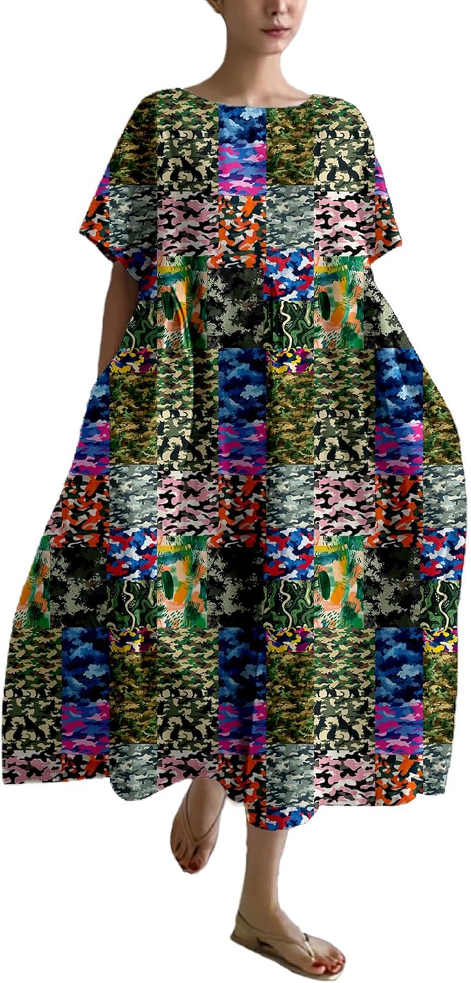 MARSVOVO Patchwork Flowy Dresses for Women Plus Size Loose Casual Tunic Dress Elegant Crewneck Maxi Dresses with Pockets