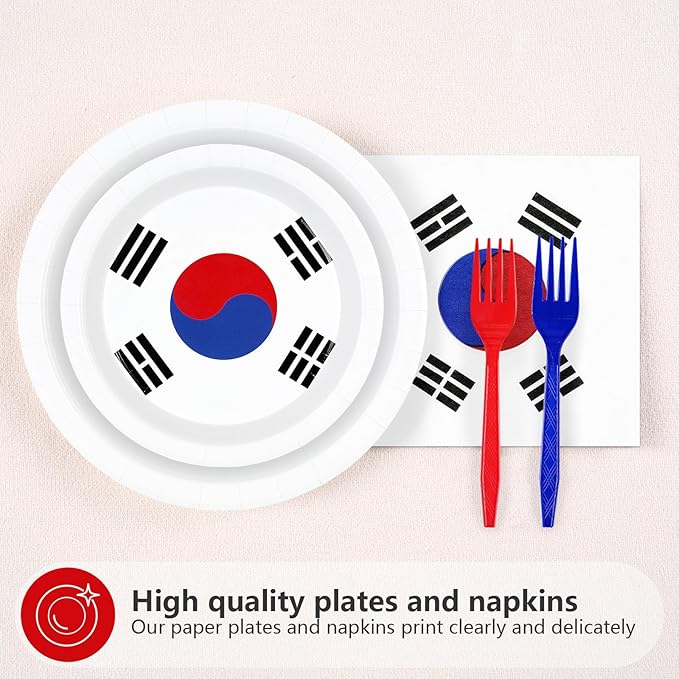 Greencian 96 Pcs South Korea Flag Themed Party Supplies Disposable South Korean Paper Plates and Napkins Korean National Flag Tableware Set for Country Decoration Party Supplies, Serves 24