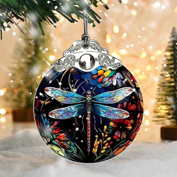 Jocidea Christmas Dragonfly Ornament - Stained Glass Decor for Tree, Holiday Decorations and Xmas Gift Ideas