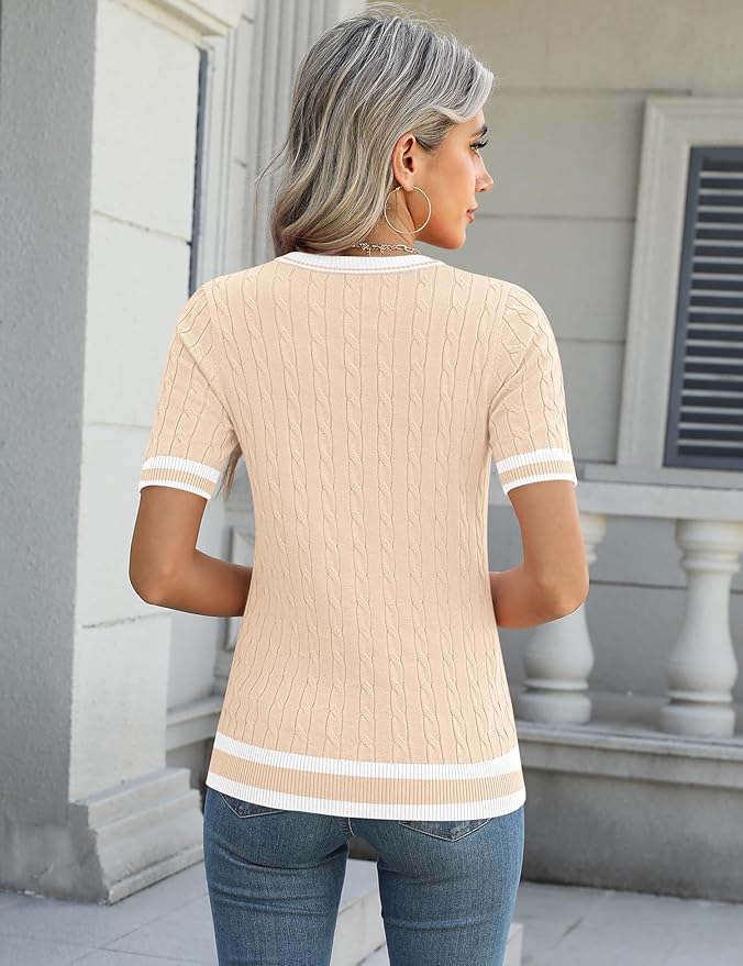 Micoson Womens Short Sleeve Cable Knit Sweater Tops Crewneck Lightweight Spring Summer Shirts Business Dressy Casual Outfits