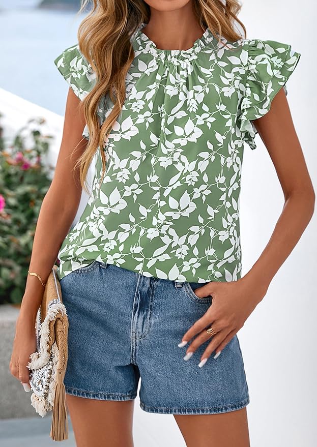PRETTYGARDEN Women's Ruffle Short Sleeve Summer Tops 2026 Trendy Floral Trim Neck Casual Dressy Chiffon Boho Blouses Shirts