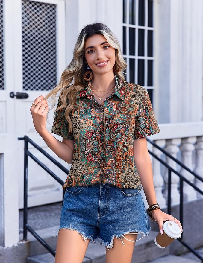 Zeagoo Womens Button Down Shirt Bust Pocket Short Sleeve Blouses Business Casual Work Tops Summer Outfits
