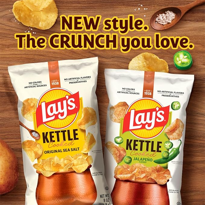 Lay's Kettle Cooked Potato Chips, 40% Less Fat Original, 1.375 Ounce (Pack of 64)