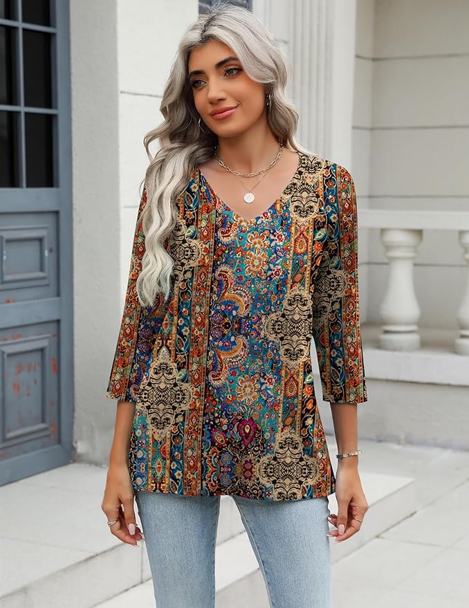 Zeagoo 3/4 Length Sleeve Womens Tops Casual V Neck Shirts Soft Basic Tees Business Work Blouses