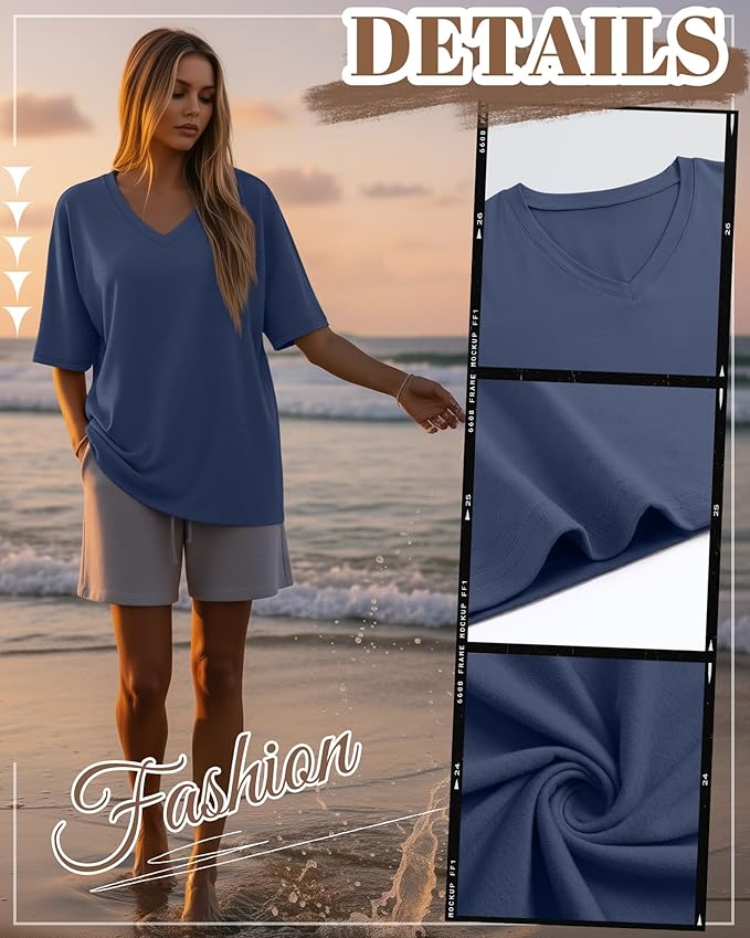 Huukeay Women's Cotton Oversized T Shirts 3 Pack V Neck Loose Fit Half Sleeve Tops Baggy Casual Summer Gym Workout Tees 2026