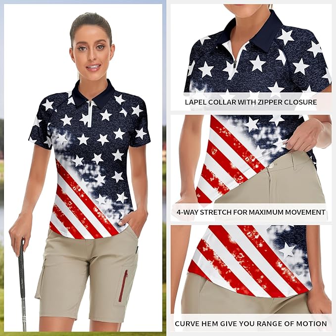 Women's Golf Shirt Short Sleeve Tennis Shirt Quarter Zip Golf Pullover Golf Polo Shirts Argyle Tops