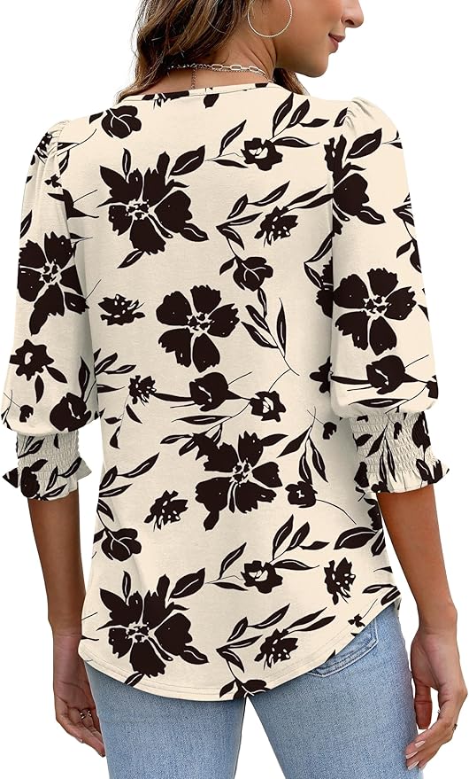 XIEERDUO Blouses for Women Dressy Casual 3/4 Length Sleeve Womens Tops with Smocked Cuffs