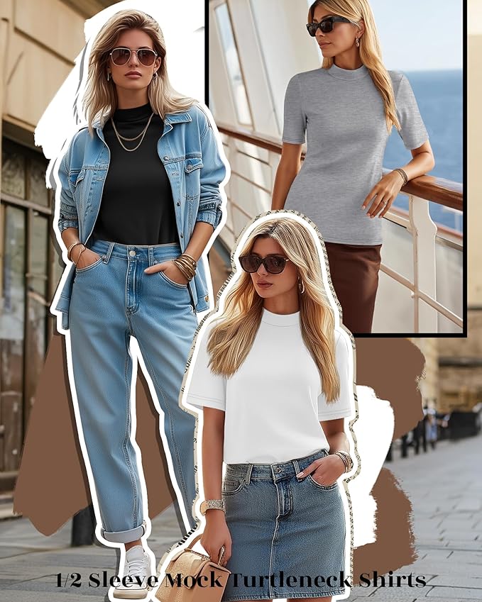 Ficerd 3 Pack Women's 1/2 Sleeve Mock Turtleneck Shirts, Elbow Length Shirt Half Sleeve Tunic Top Casual Summer Basic Tees