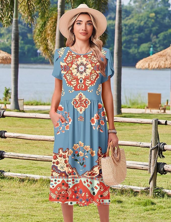 HOTOUCH Women's Summer A-Line Midi Dresses 2026 Casual Floral Short Sleeve T-Shirt Dress Flowy Beach Sundress with Pockets