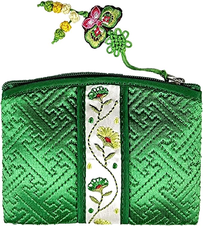 Seoulful Vintage Korean Embroidered Card Pouch - Wildflower Design Coin Purse with Butterfly Charm - Traditional Korean New Year's Gifts (Green)
