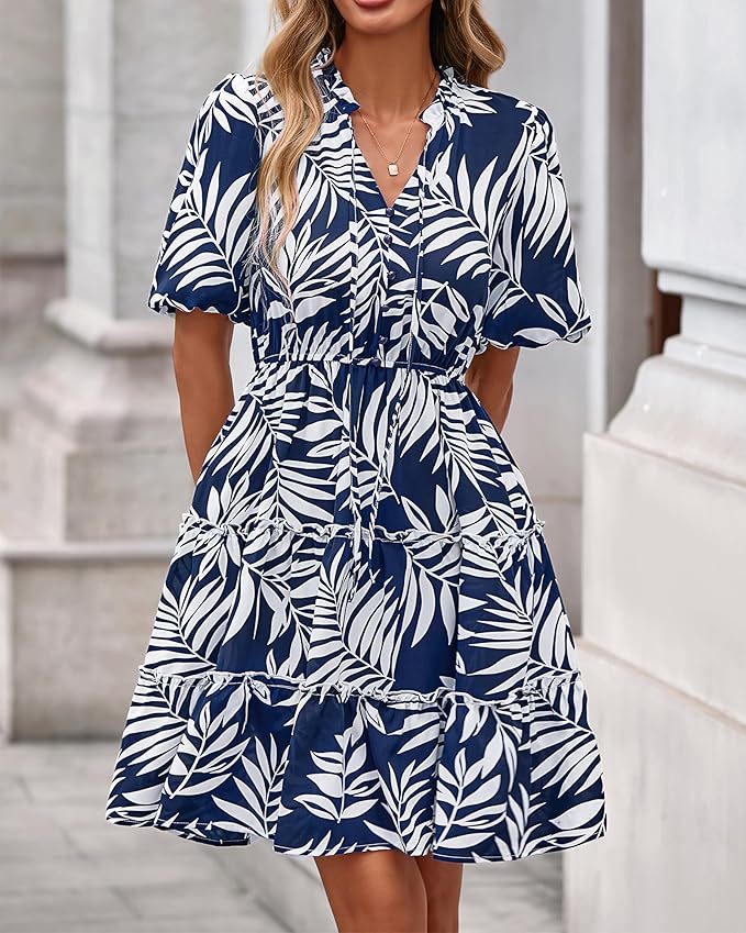 BTFBM Women Summer Floral Short Dresses V Neck Short Sleeve Tiered Ruffle Boho Swing Dress A-Line Mini Dresses