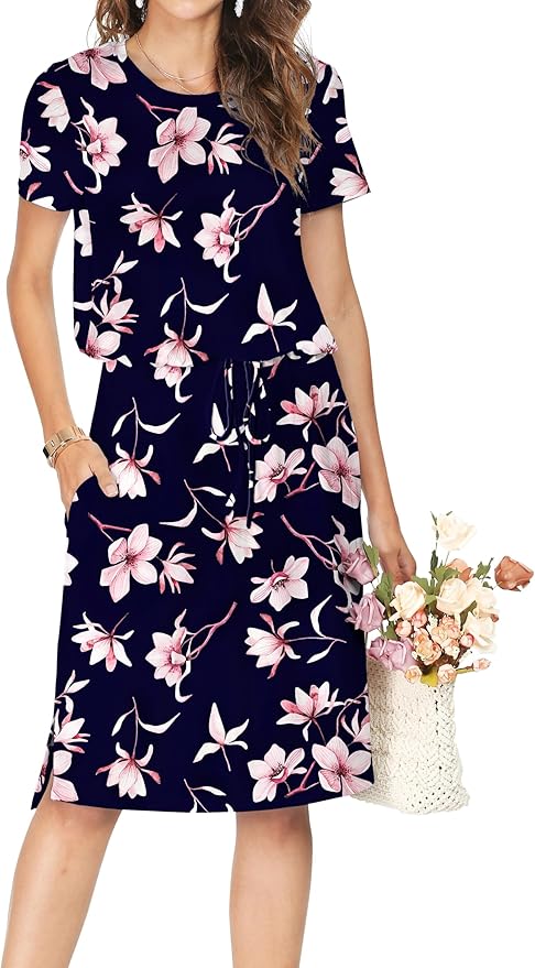 Simier Fariry Womens Spring Hide Belly Knee Length Travel Dress Pocket Summer Short Sleeve Midi Work Casual Outfits