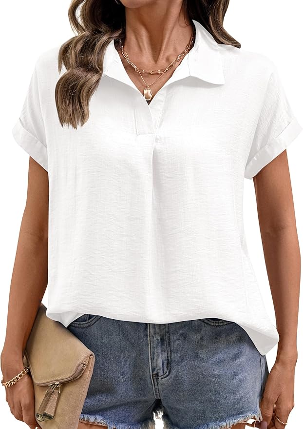 LOMON Women Blouses Spring Summer Tops for Women 2026 Short Sleeve V Neck Dressy Casual Collared Shirts Work Office