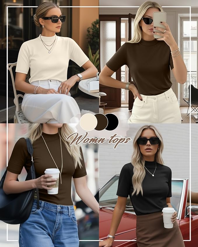 Ficerd 3 Pack Women's 1/2 Sleeve Mock Turtleneck Shirts, Elbow Length Shirt Half Sleeve Tunic Top Casual Summer Basic Tees