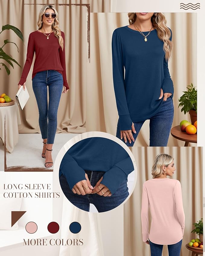 Huukeay 3 Pack Women's Long Sleeve Shirts with Thumb Holes, Cotton Casual Crew Neck Tunic Tops Fall Loose Y2k Trendy Outfits