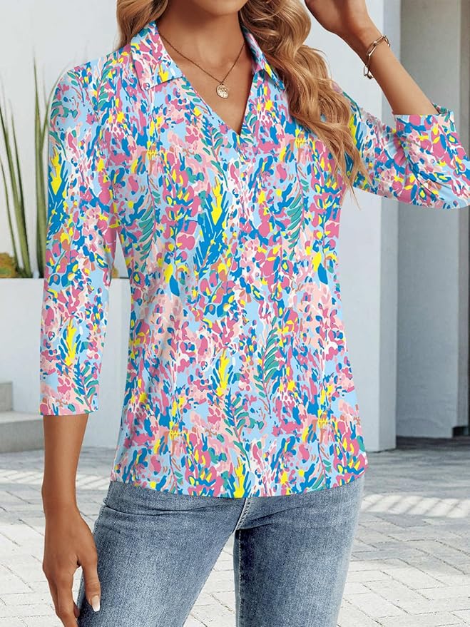 3/4 Length Sleeve Womens Tops Dressy Casual V Neck Polo Shirts Business Work Blouses 2025 Trendy Tunic Top