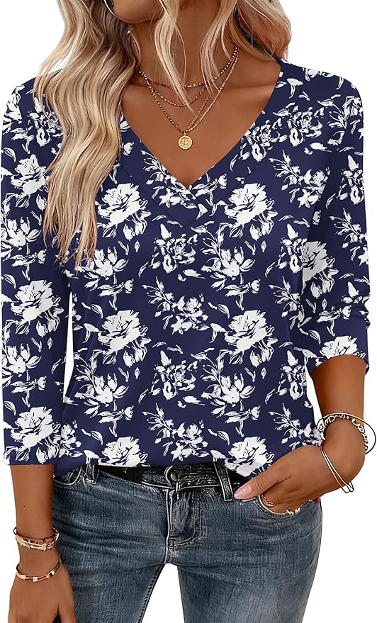 Zeagoo 3/4 Length Sleeve Womens Tops V Neck Shirt Dressy Casual Blouse Basic Tshirts 2026 Fashion Clothing S-2XL
