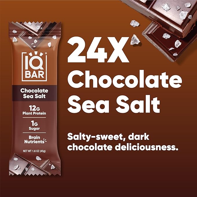 IQBAR Brain and Body Plant Protein Bars - Chocolate Sea Salt - 24-Count - Keto, Vegan, Low Carb, High Fiber, Gluten Free, Dairy Free, Low Sugar Snack with Nutrients for Focus, Energy, Meal Replacement