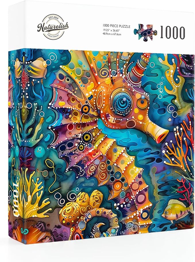 Naturelish 1000 Piece Jigsaw Puzzle for Adults - Vibrant Seahorse Design, 1000 Pieces Challenging & Colorful Art Puzzle for Adults, Color-Coded Back, Puzzle Gift-Ready 19.25 x 26.65 in