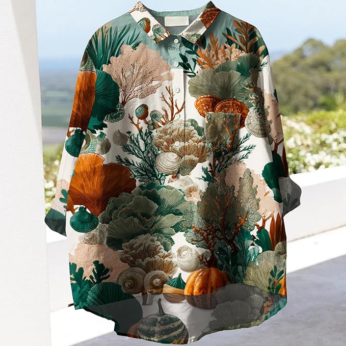 Womens Boho Tops 3/4 Long Sleeve Floral Blouses Hawaii Beach Button Down Shirts V Neck Pullover Casual Tunics