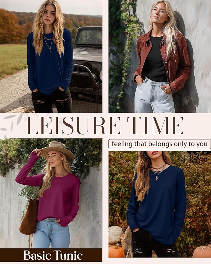 Huukeay 3 Pack Women's Long Sleeve Shirts with Thumb Holes, Cotton Casual Crew Neck Tunic Tops Fall Loose Y2k Trendy Outfits