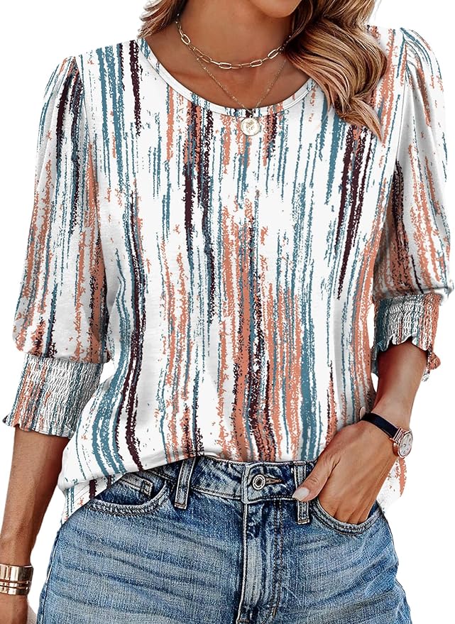 XIEERDUO Blouses for Women Dressy Casual 3/4 Length Sleeve Womens Tops with Smocked Cuffs