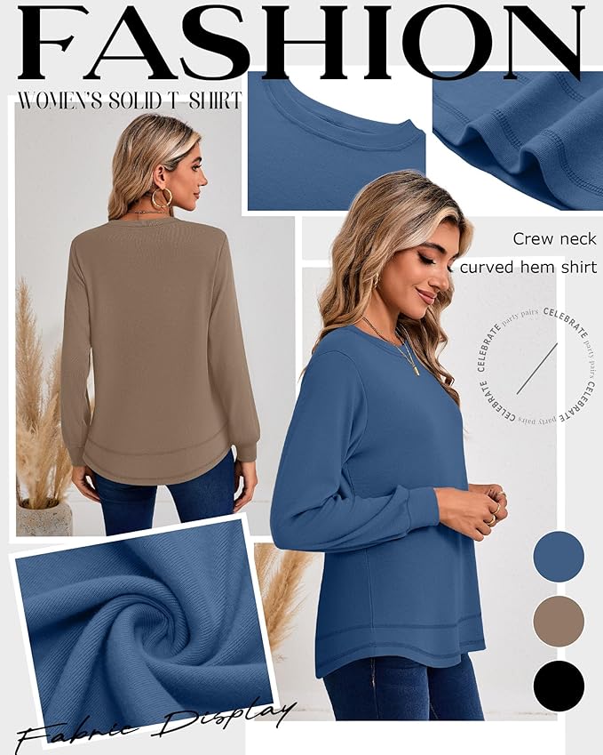 Ficerd 3 Pack Women's Long Sleeve Shirts, Cotton Crew Neck Tunic Tops Casual Loose Fit Pullover Sweatshirts Curved Hem Shirts