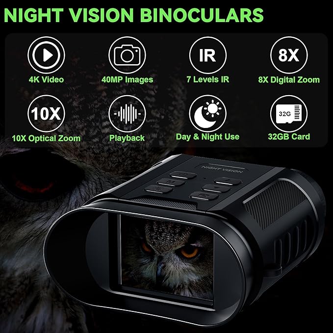 Valentines Day Gifts & Night Vision Goggles - 5W Upgraded 4K HD IR Binoculars - 8X Digital Zoom/Rechargeable Battery/32GB Card/Flashlight, Camping Exploration Gifts for Men Dad Husband Boy Friend