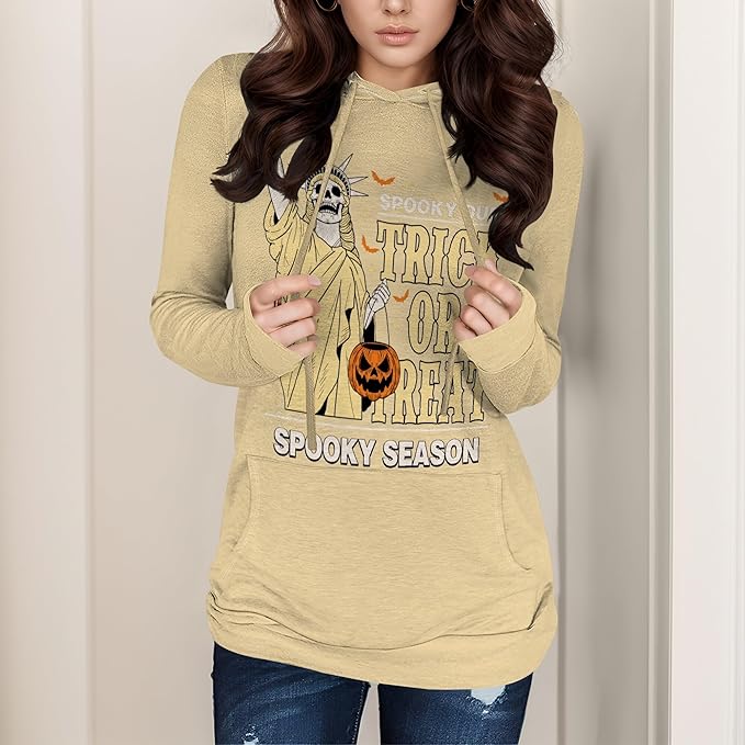 domirica Halloween Sweatshirts For Women Long Sleeve Spooky Graphic Sweatshirts Pumpkin Pullover Halloween Party Club Wear
