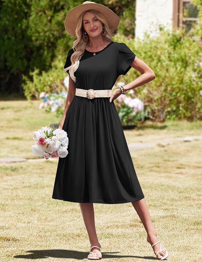 HOTOUCH Women's Summer A-Line Midi Dresses 2026 Casual Floral Short Sleeve T-Shirt Dress Flowy Beach Sundress with Pockets