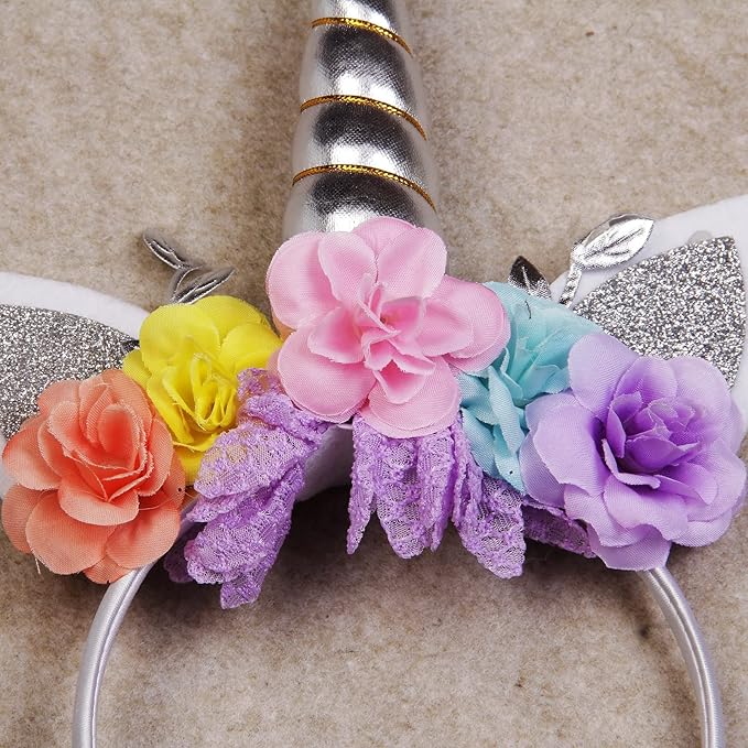 Nishine Unicorn Horn Floral Headband Glitter Ears Pony Head Bands Tiara for Girls Party Birthday Cosplay