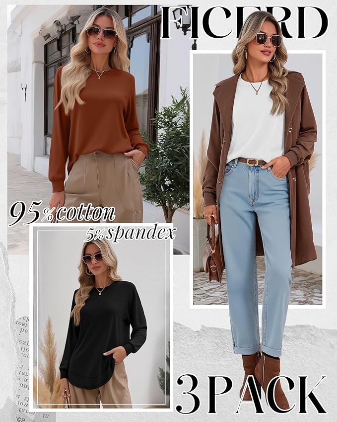 Ficerd 3 Pack Women's Long Sleeve Shirts, Cotton Crew Neck Tunic Tops Casual Loose Fit Pullover Sweatshirts Curved Hem Shirts