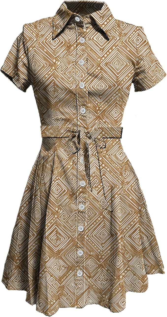 MARSVOVO Vintage Retro Shirt Dress for Women Short Sleeve Button Down Tie Waist Elegant Smocked Knee Length Dress