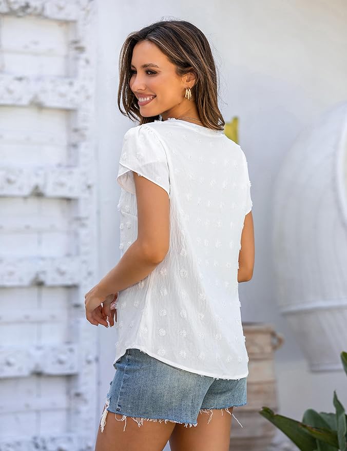 Blooming Jelly Women's Dressy Casual Tops Business Work Blouses White Button Down Shirts Cap Sleeve V Neck Tshirt