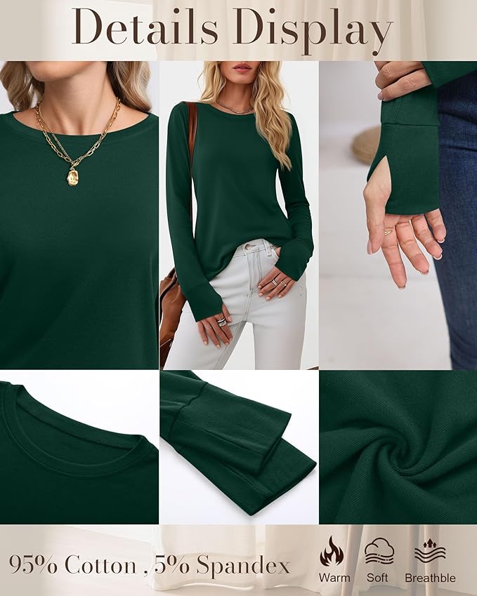 Huukeay 3 Pack Women's Long Sleeve Shirts with Thumb Holes, Cotton Casual Crew Neck Tunic Tops Fall Loose Y2k Trendy Outfits