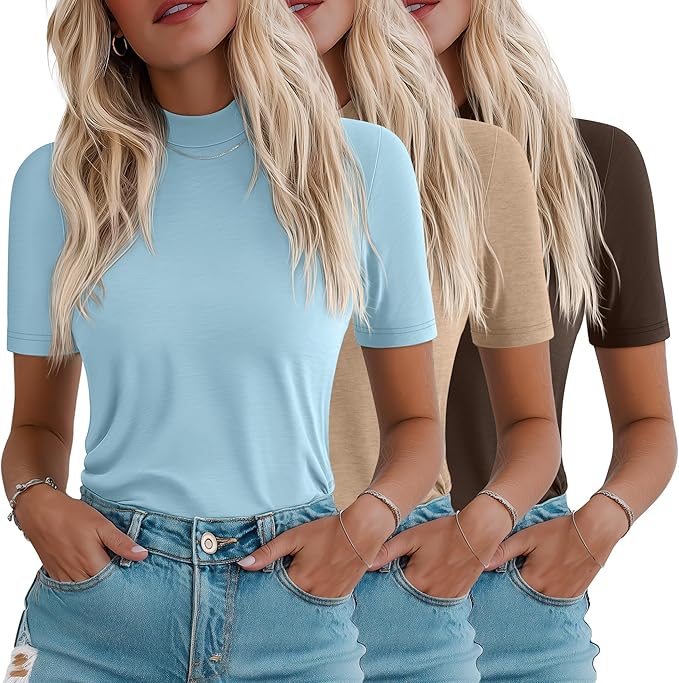 Ficerd 3 Pack Women's 1/2 Sleeve Mock Turtleneck Shirts, Elbow Length Shirt Half Sleeve Tunic Top Casual Summer Basic Tees