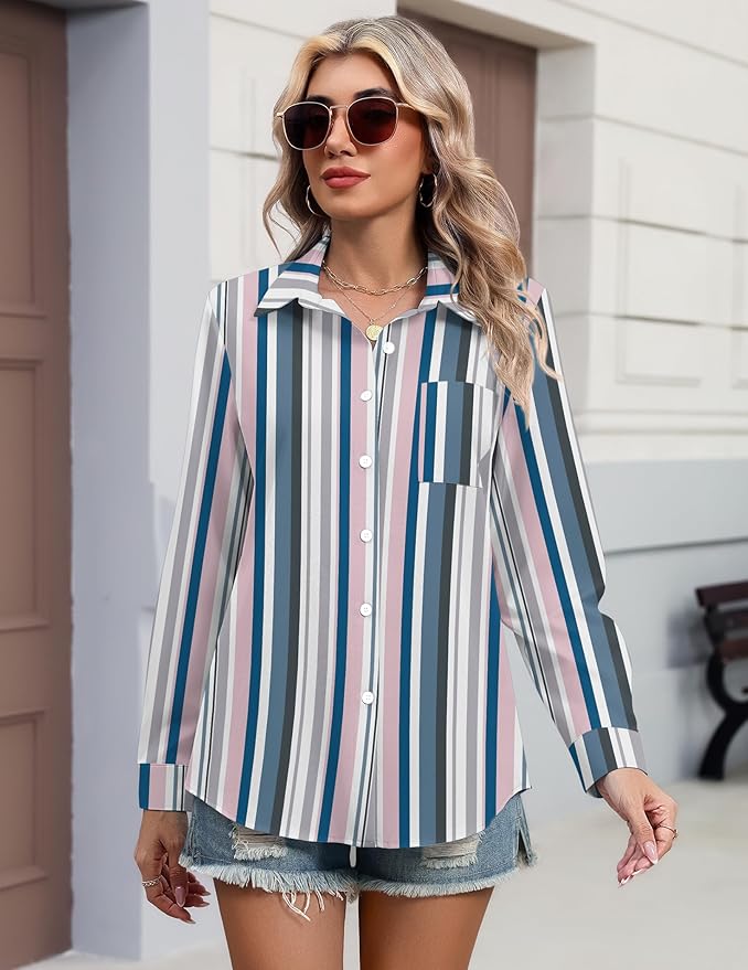 HOTOUCH Button Down Shirts for Women Long Sleeve Blouse Dressy Casual Business Work Tops with Pocket
