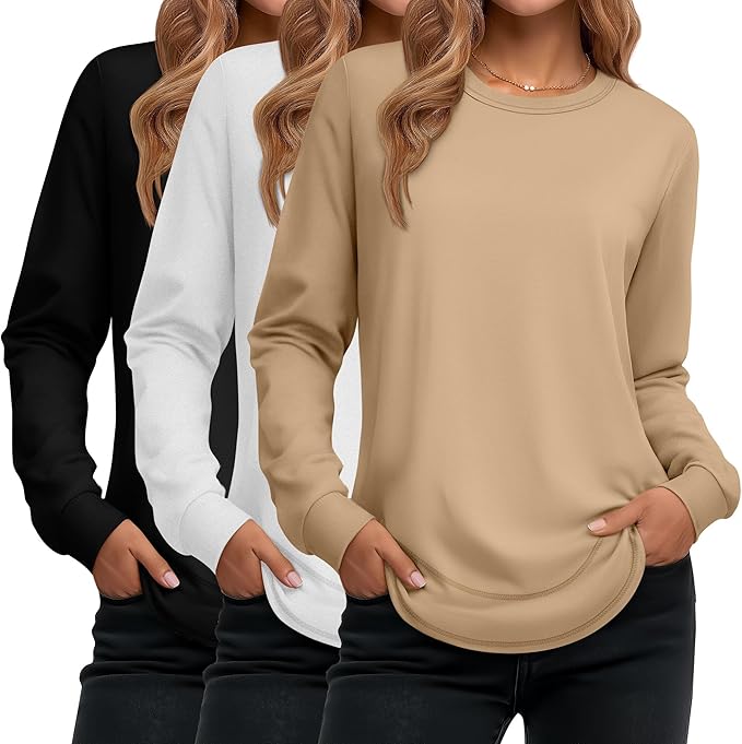 Ficerd 3 Pack Women's Long Sleeve Shirts, Cotton Crew Neck Tunic Tops Casual Loose Fit Pullover Sweatshirts Curved Hem Shirts