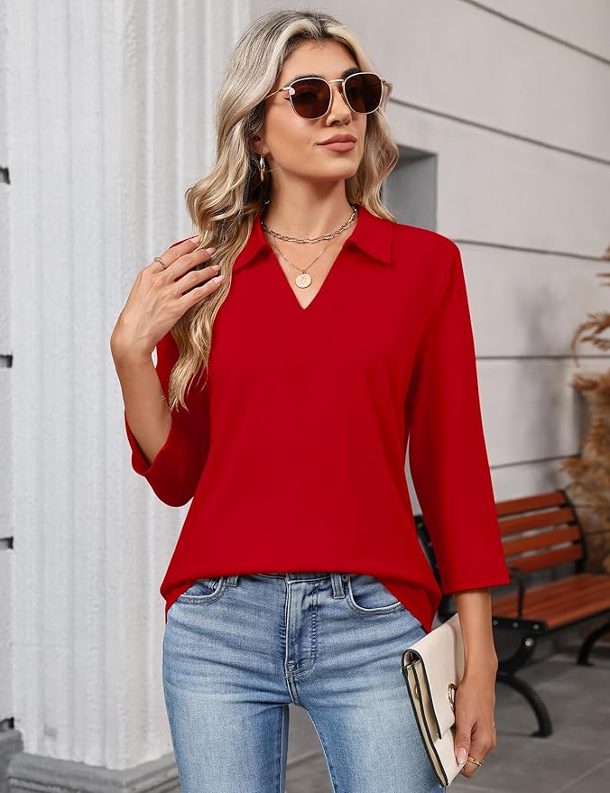 LOMON 3/4 Length Sleeve Womens Tops 2026 Spring Summer Collared Polo Shirts V Neck Casual Basic Polos Tees Shirt
