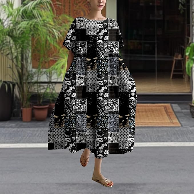 MARSVOVO Patchwork Flowy Dresses for Women Plus Size Loose Casual Tunic Dress Elegant Crewneck Maxi Dresses with Pockets