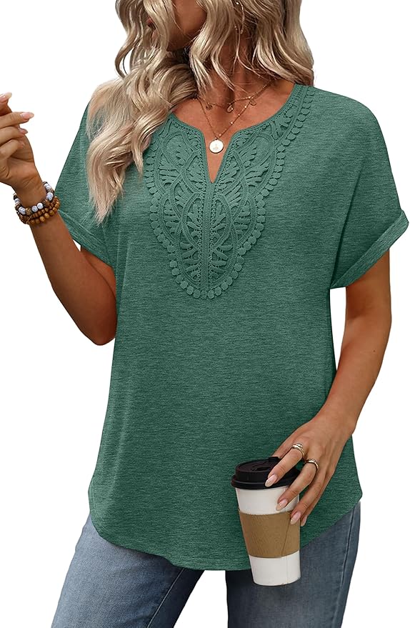 Sipaya Womens Blouses Dressy Casual Summer Shirts Short Sleeve Lace Front Boho Tunic Tops for Leggings Fashion Clothes