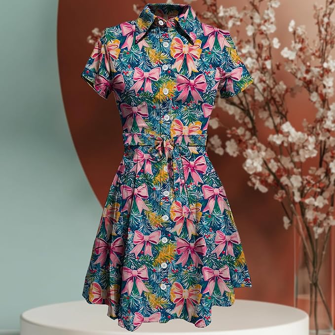 MARSVOVO Cute T Shirt Dress for Women Short Sleeve Button Up Tie Waist Elegant Casual Collared Smocked Midi Dress