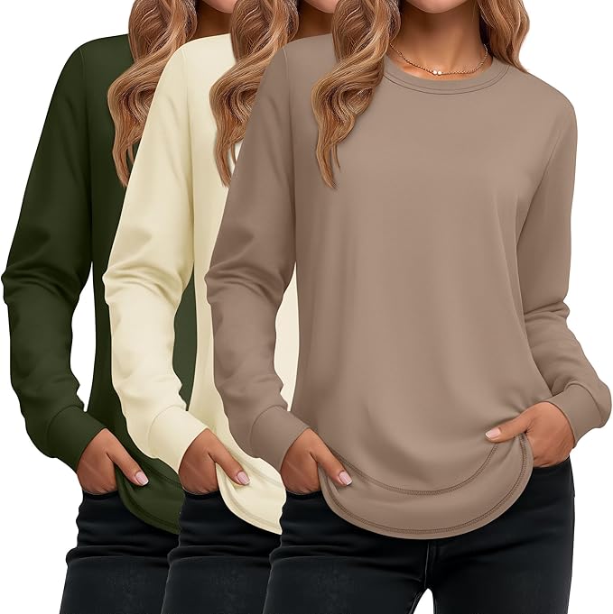 Ficerd 3 Pack Women's Long Sleeve Shirts, Cotton Crew Neck Tunic Tops Casual Loose Fit Pullover Sweatshirts Curved Hem Shirts