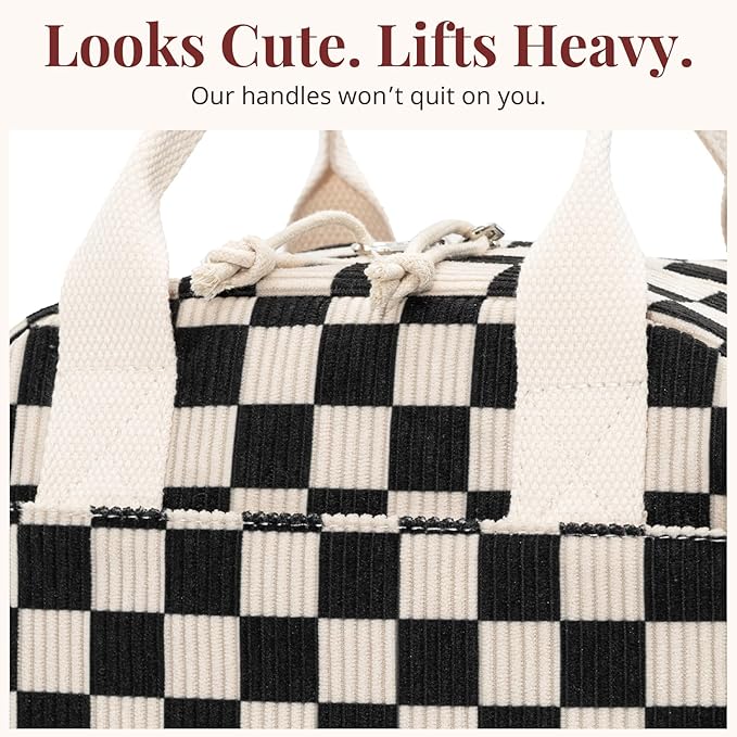 Insulated Black Checkered Lunch Bag for Women, Stylish Corduroy Tote with Aluminum Lining, Large Capacity Reusable Cooler for Work, Travel, or Beach, Beige Cream Water-Resistant Lunch Box