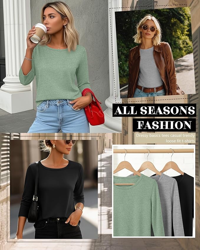 Ficerd 3 Pack 3/4 Sleeve Tops for Women Round Neck Dressy Basics Tees Casual Trendy Loose Fit T Shirts