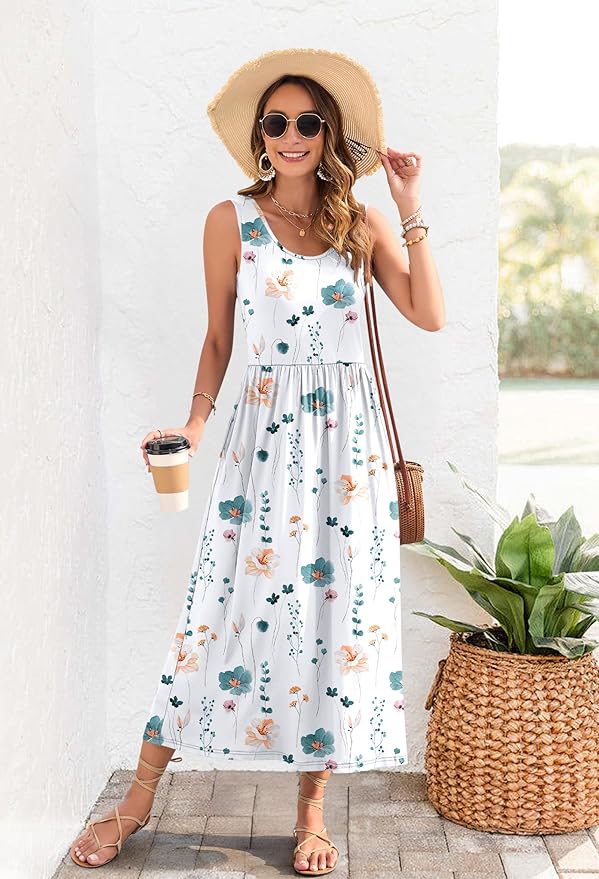 WNEEDU Women's Summer Maxi Dress 2026 Casual Sleeveless Hawaiian Sundress Tropical Long Dress Beach Vacation Outfit